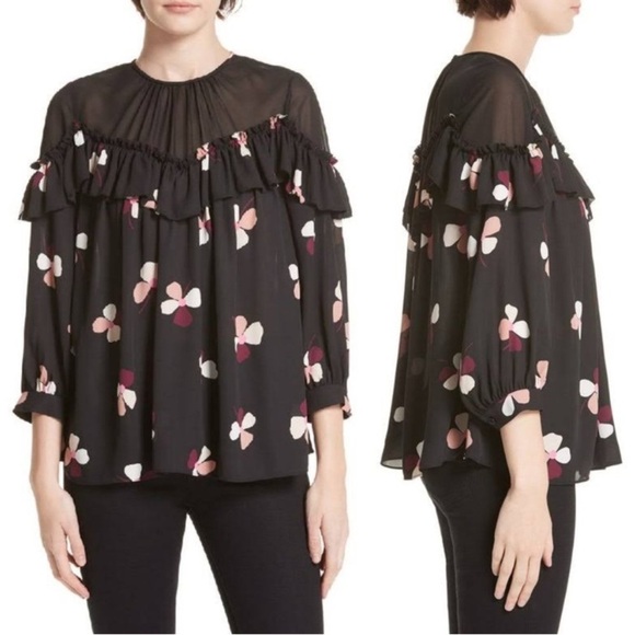 KATE SPADE Black Floral ruffle blouse NWOT preppy cute chic spring chiffon sz S - Picture 2 of 14